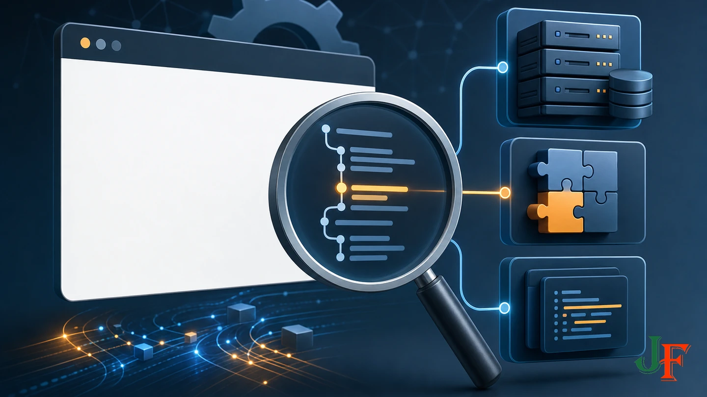 Diagnostic trail from a blank website page to server, extension, and code execution causes