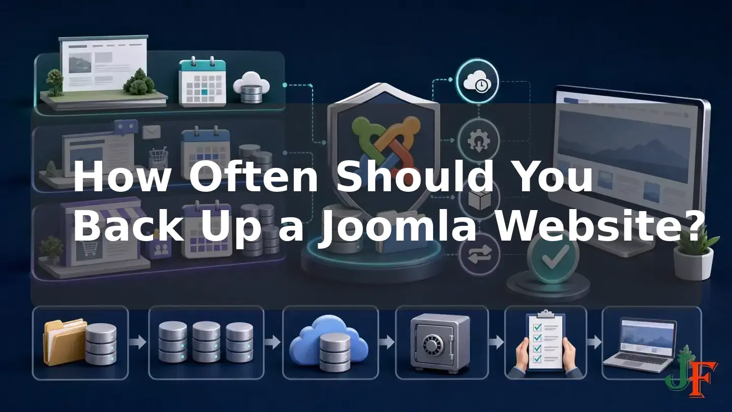 Wide conceptual illustration showing the connected stages and supporting elements involved in How Often Should You Back Up a Joomla Website?.
