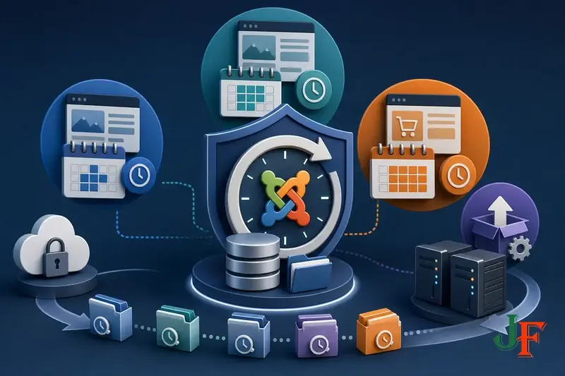 Conceptual editorial illustration representing How Often Should You Back Up a Joomla Website? through a clear Joomla-focused visual metaphor.