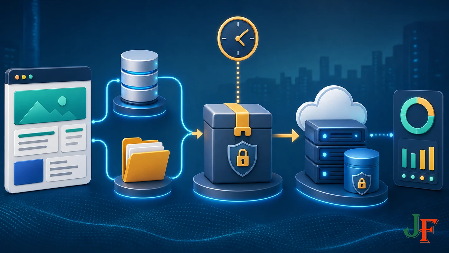 Automated workflow backing up Joomla files and database to monitored separate storage