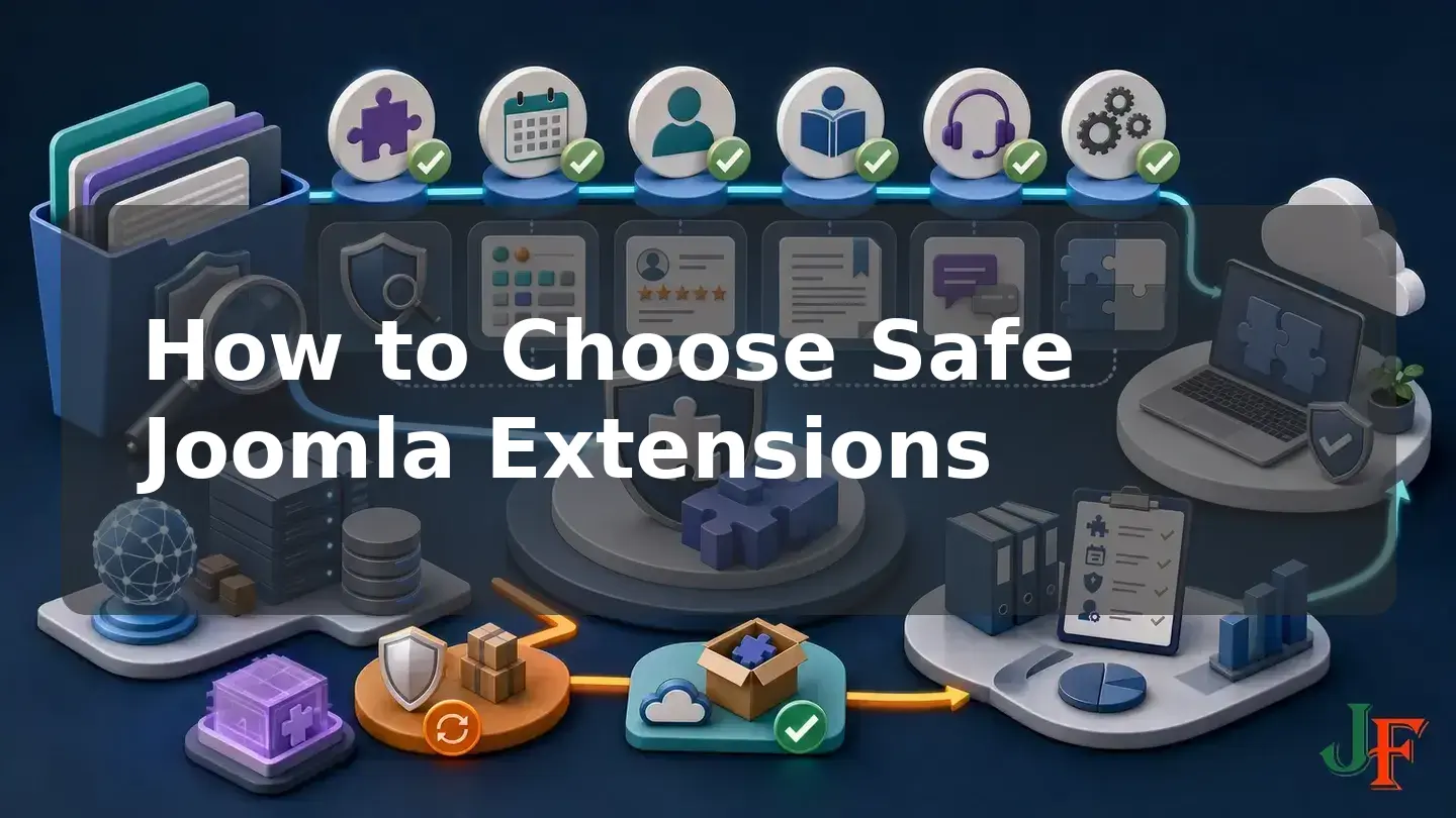 Wide conceptual illustration showing the connected stages and supporting elements involved in How to Choose Safe Joomla Extensions.