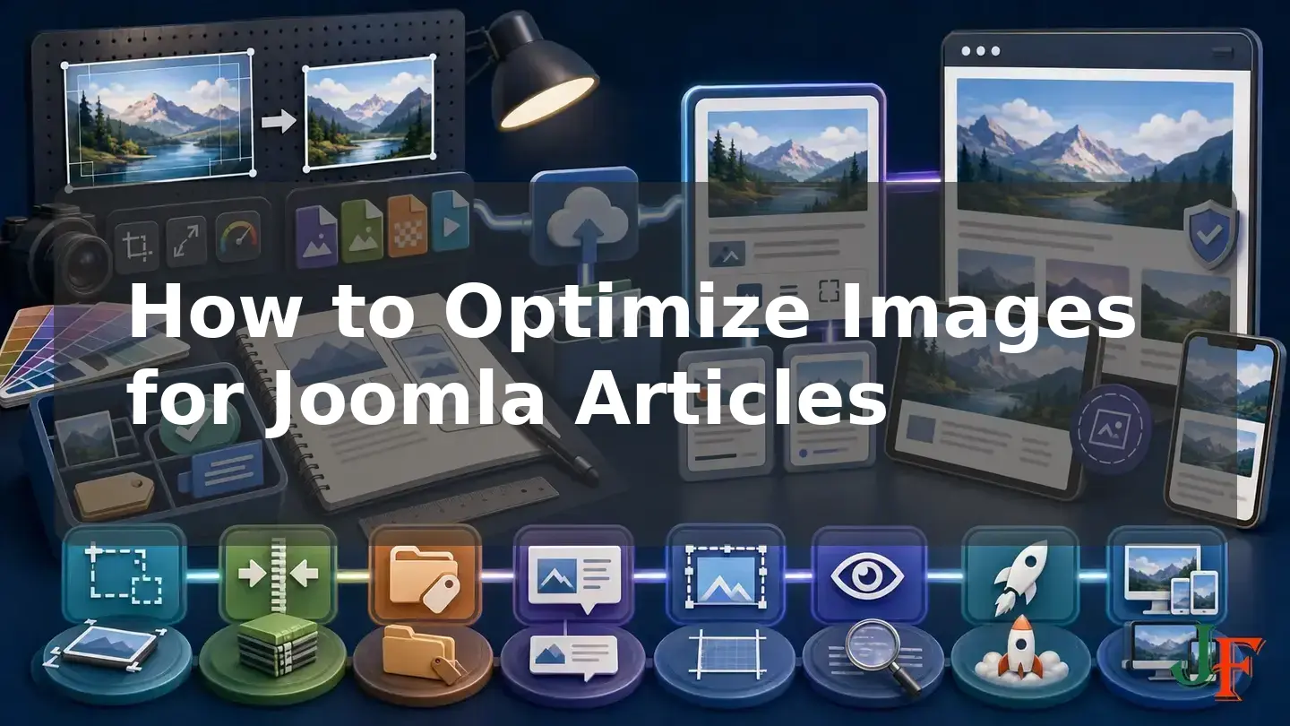Wide conceptual illustration showing the connected stages and supporting elements involved in How to Optimize Images for Joomla Articles.
