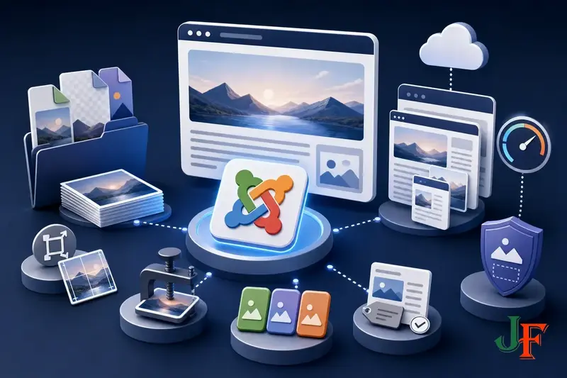 Conceptual editorial illustration representing How to Optimize Images for Joomla Articles through a clear Joomla-focused visual metaphor.