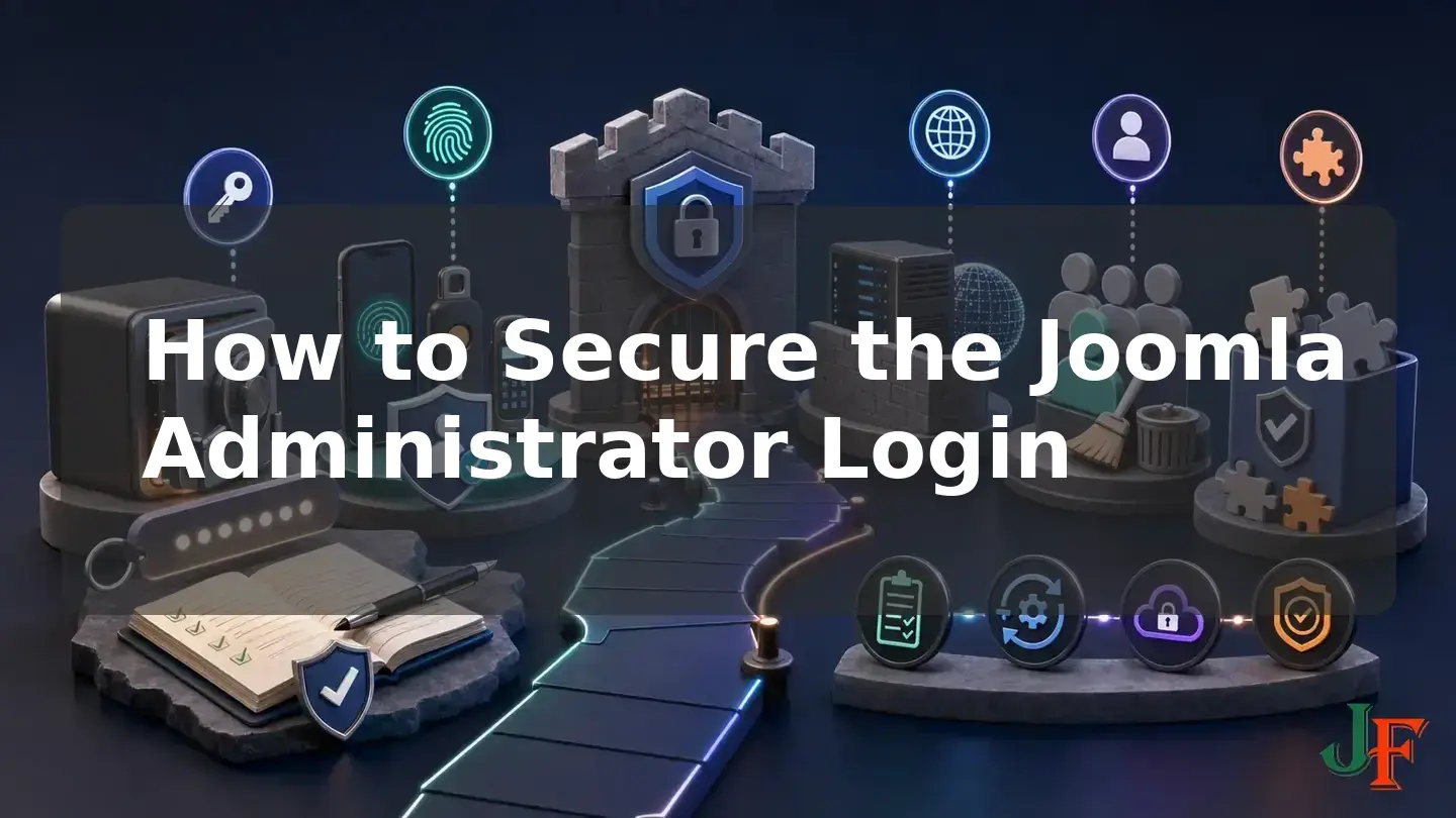 Wide conceptual illustration showing the connected stages and supporting elements involved in How to Secure the Joomla Administrator Login.