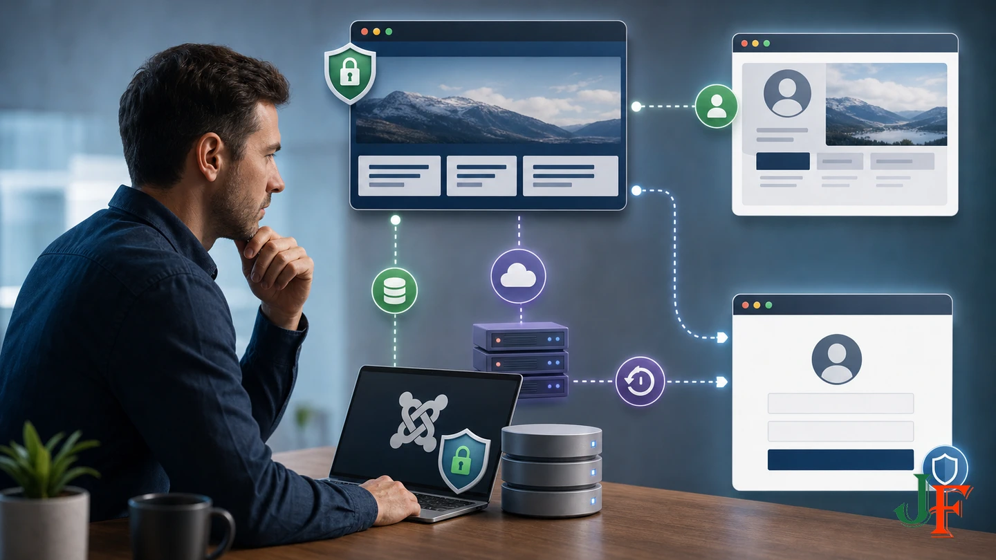 Staged Joomla security preparation with backup, retained access, rollback route, and separate login testing