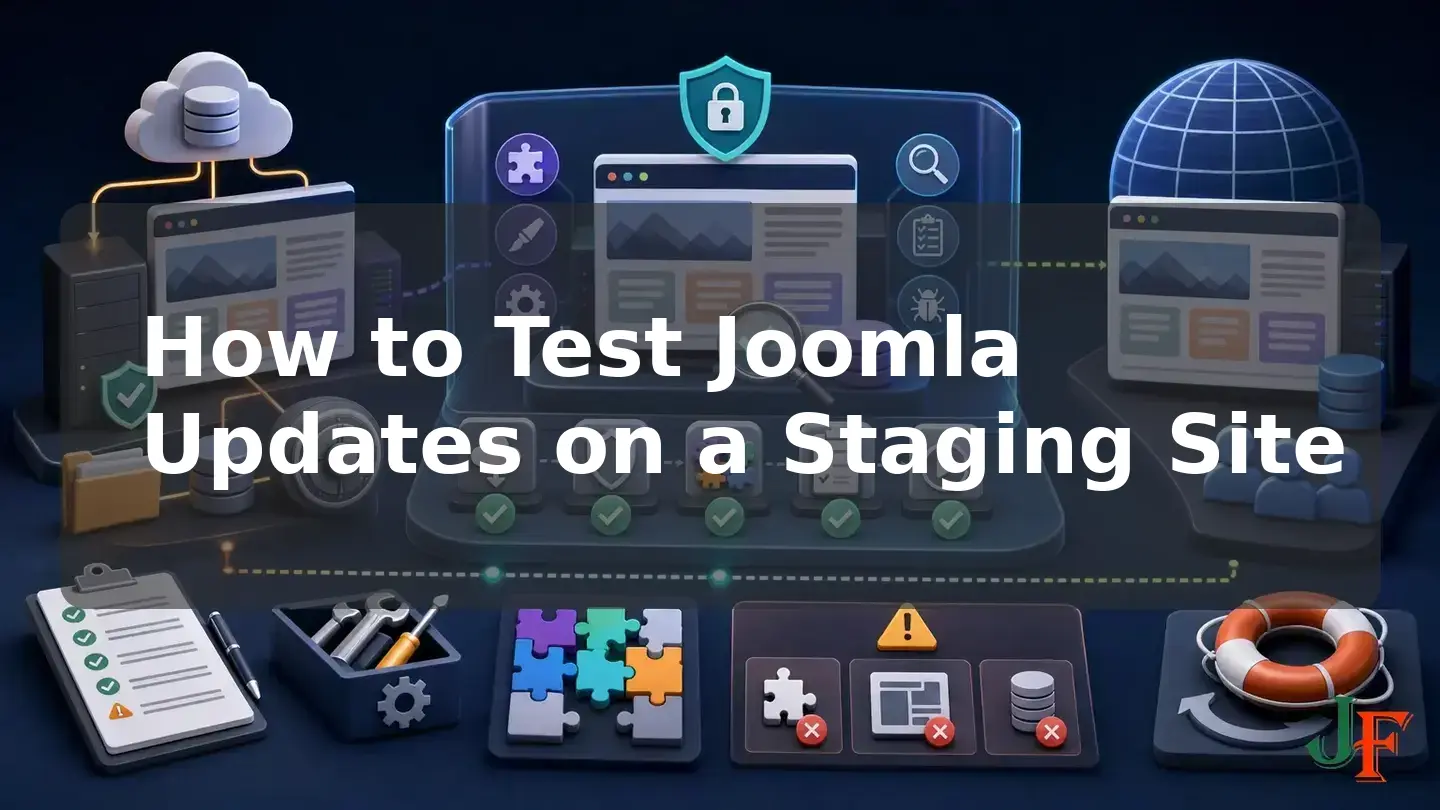 Wide conceptual illustration showing the connected stages and supporting elements involved in How to Test Joomla Updates on a Staging Site.