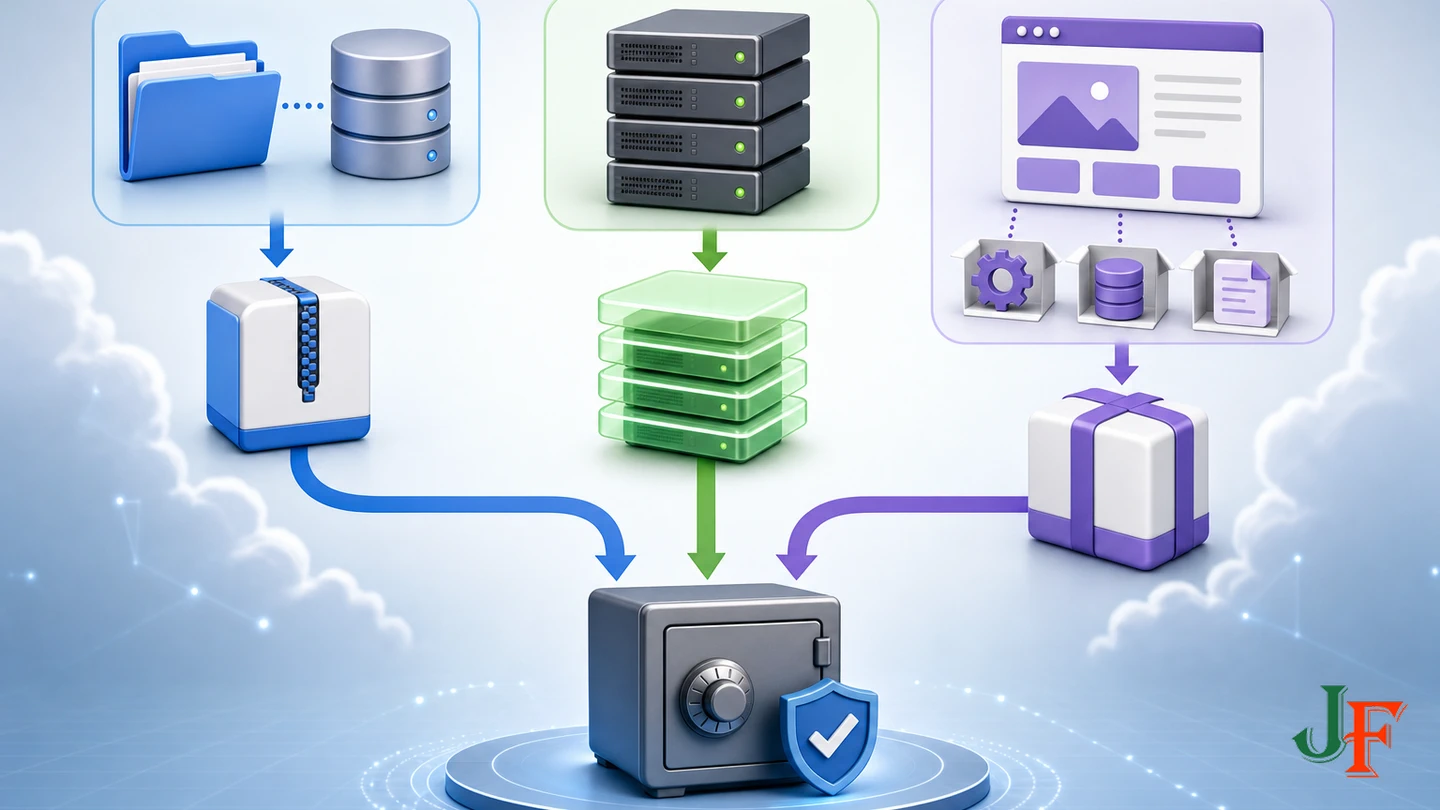 Three backup paths comparing manual capture, hosting snapshots, and application-aware packaging