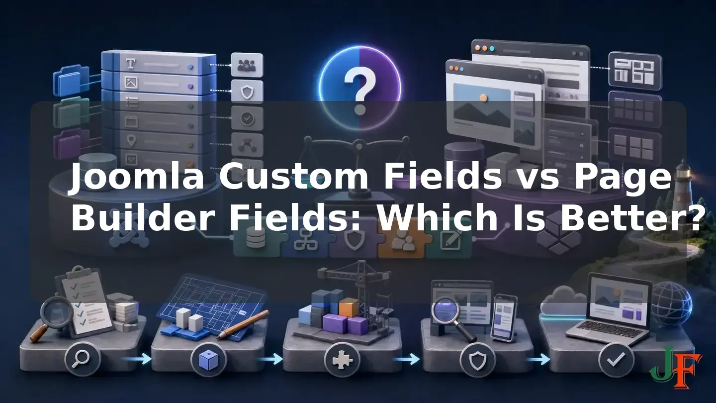 Wide conceptual illustration showing the connected stages and supporting elements involved in Joomla Custom Fields vs Page Builder Fields: Which Is Better?.