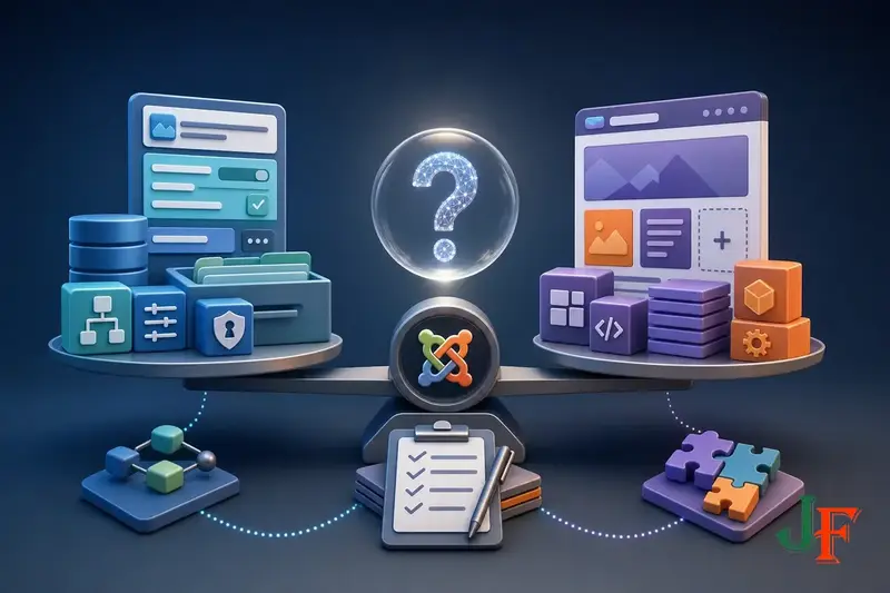 Conceptual editorial illustration representing Joomla Custom Fields vs Page Builder Fields: Which Is Better? through a clear Joomla-focused visual metaphor.