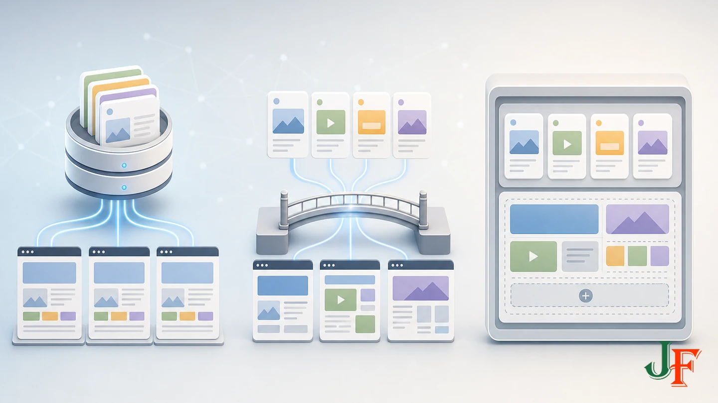 Three content architectures comparing direct CMS fields, mapped layouts, and builder-native records