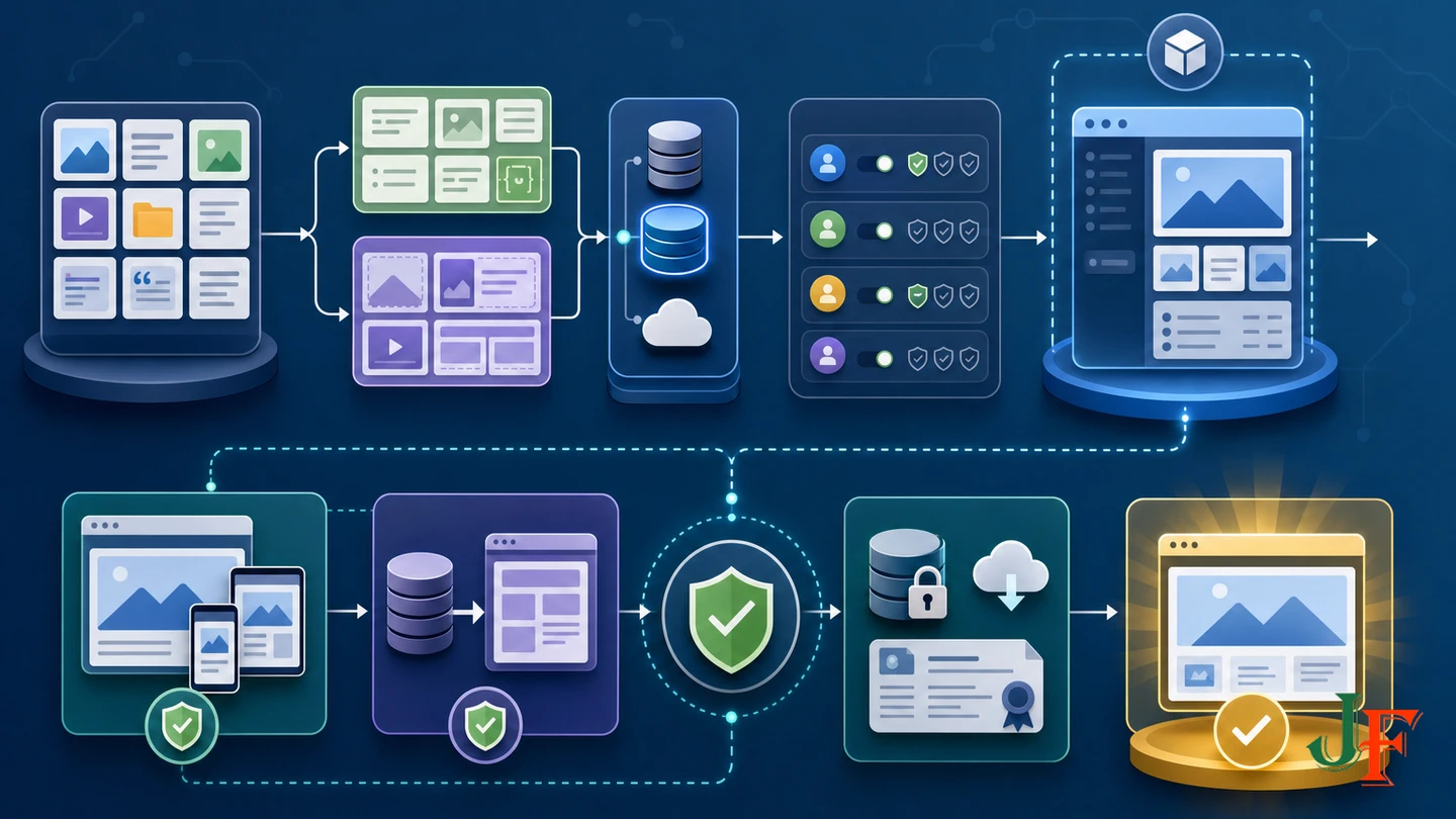 Staged content architecture workflow from inventory and prototyping to testing and backup