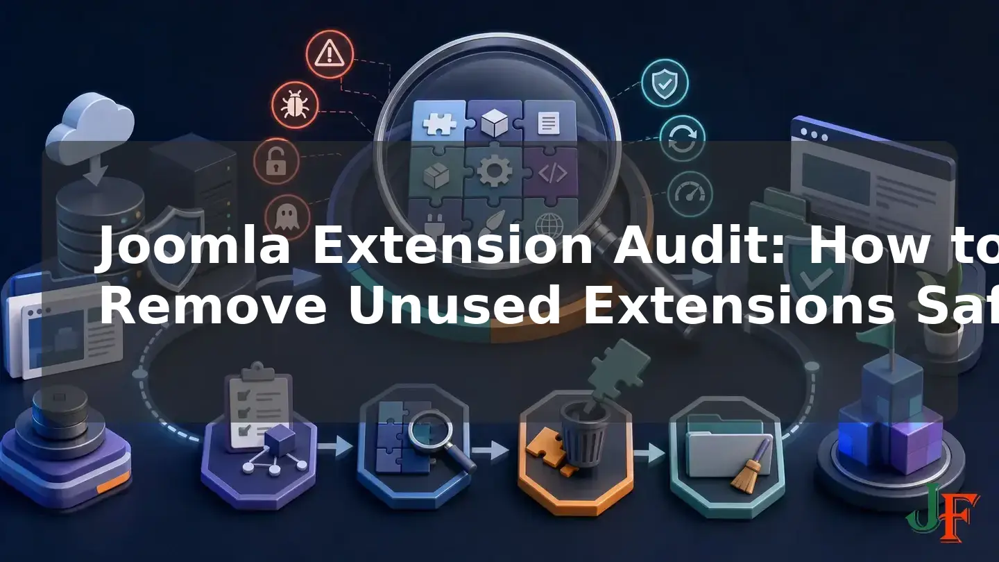 Wide conceptual illustration showing the connected stages and supporting elements involved in Joomla Extension Audit: How to Remove Unused Extensions Safely.