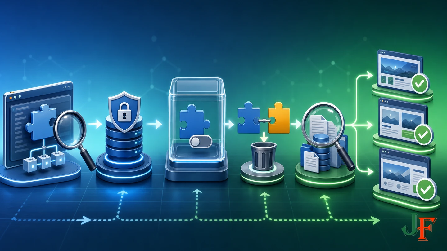 Controlled extension removal workflow from dependency review and backup through uninstall and regression testing