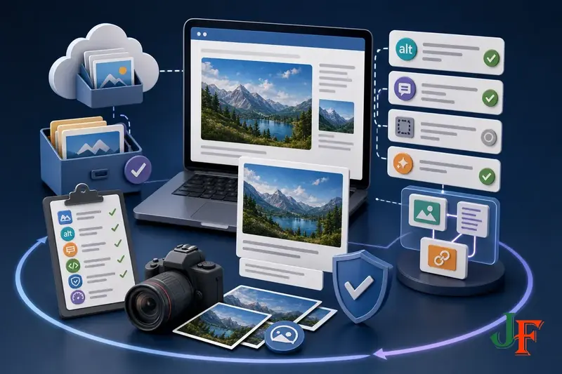 Conceptual editorial illustration representing Joomla Image SEO: Filenames, Alt Text, Captions, and Structured Content through a clear Joomla-focused visual metaphor.