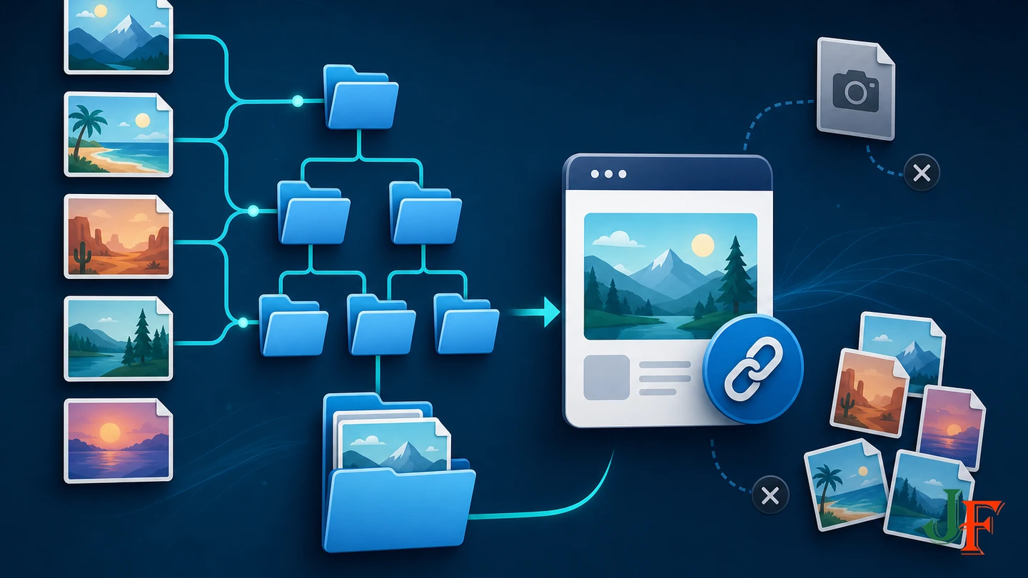 Organized media files moving through folders to one stable web asset while duplicates remain separate