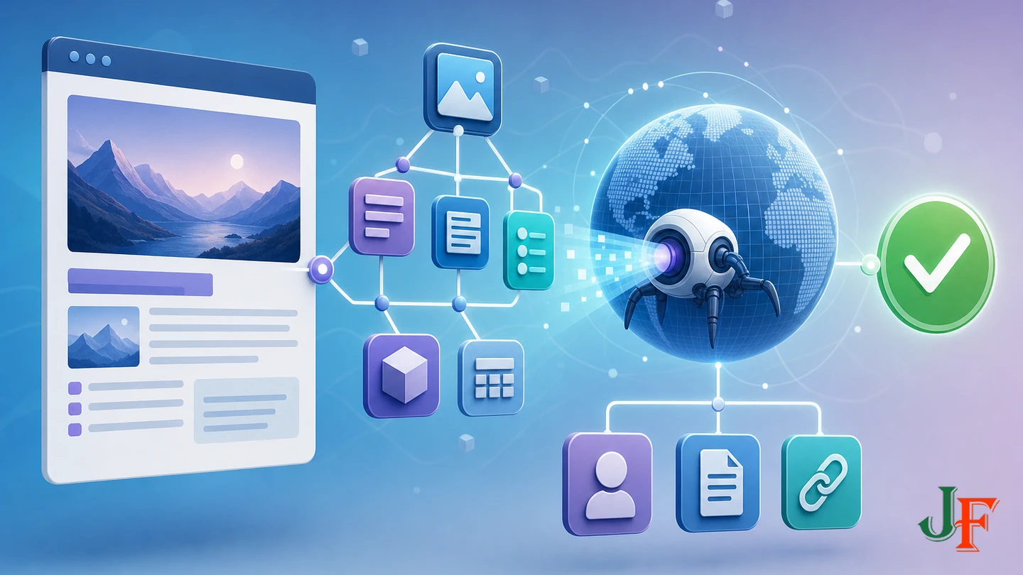 Article and representative media connected to structured data nodes, crawler access, and validation