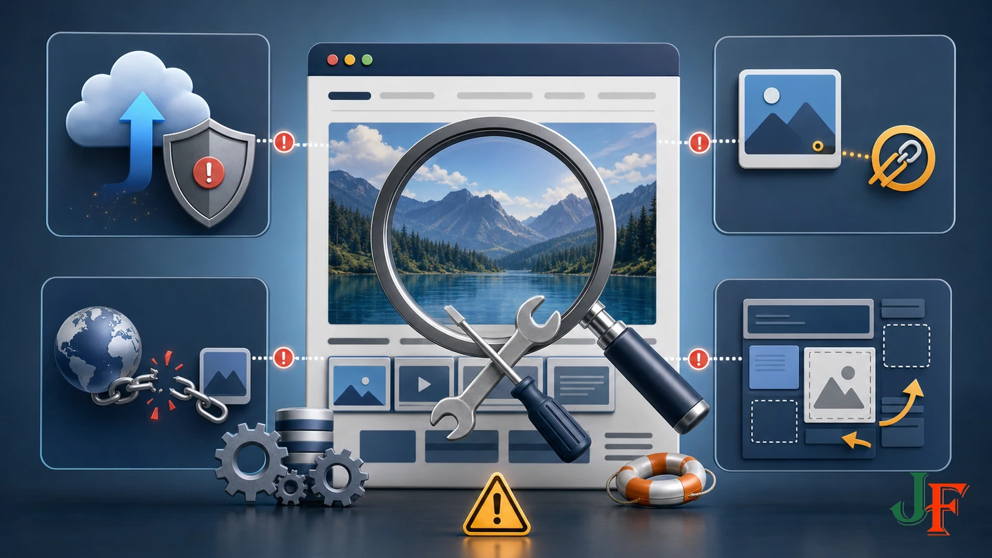 Diagnostic view of blocked upload, missing accessibility treatment, broken remote access, and layout instability