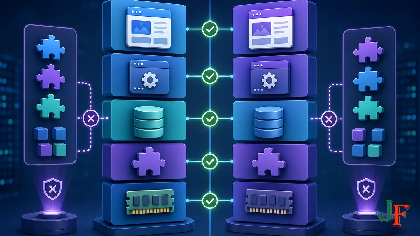 Parallel server stacks comparing PHP, database, modules, memory, and separate extension compatibility checks