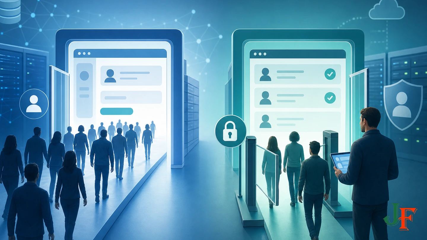 Open public registration compared with controlled administrator-created accounts