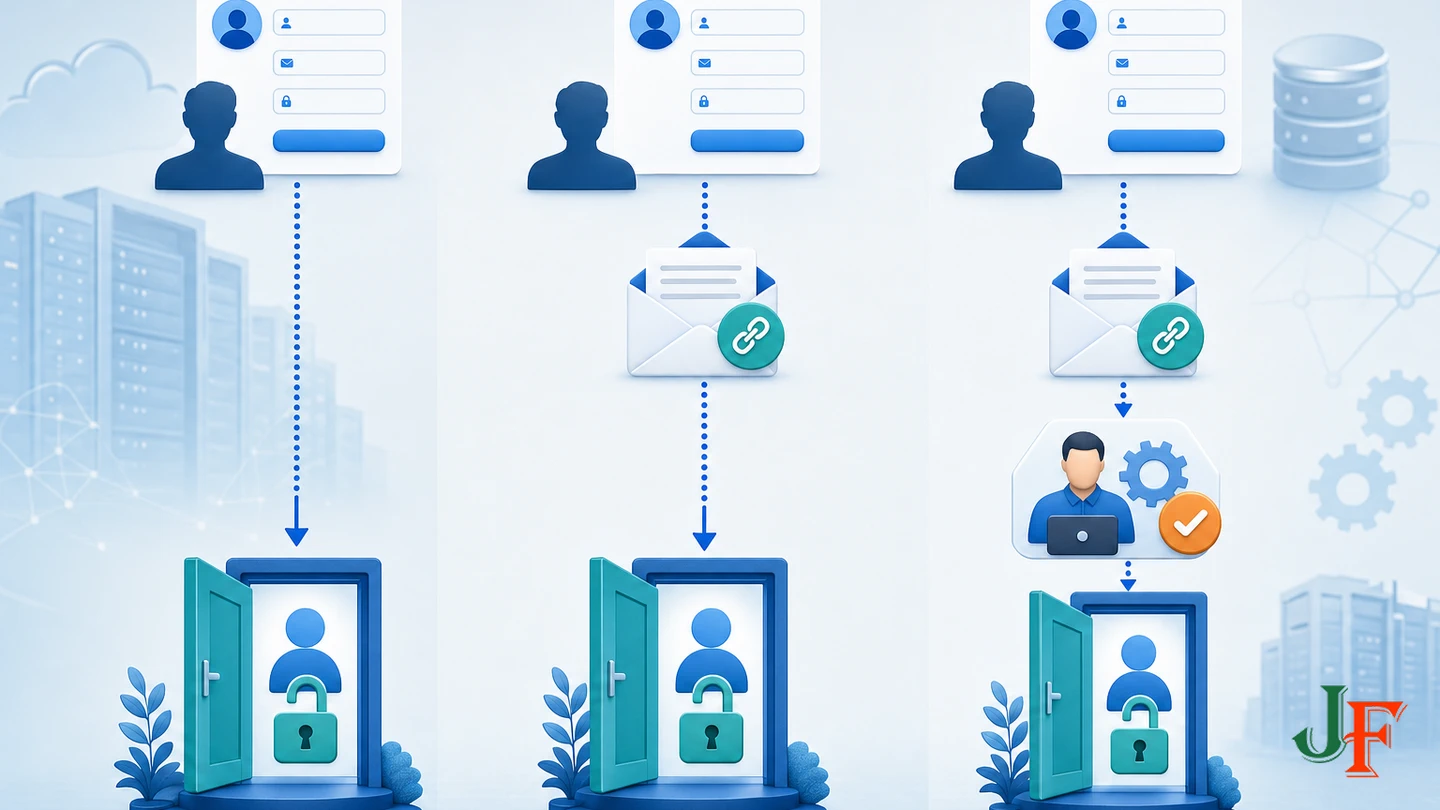 Three account activation paths showing immediate access, email confirmation, and administrator approval