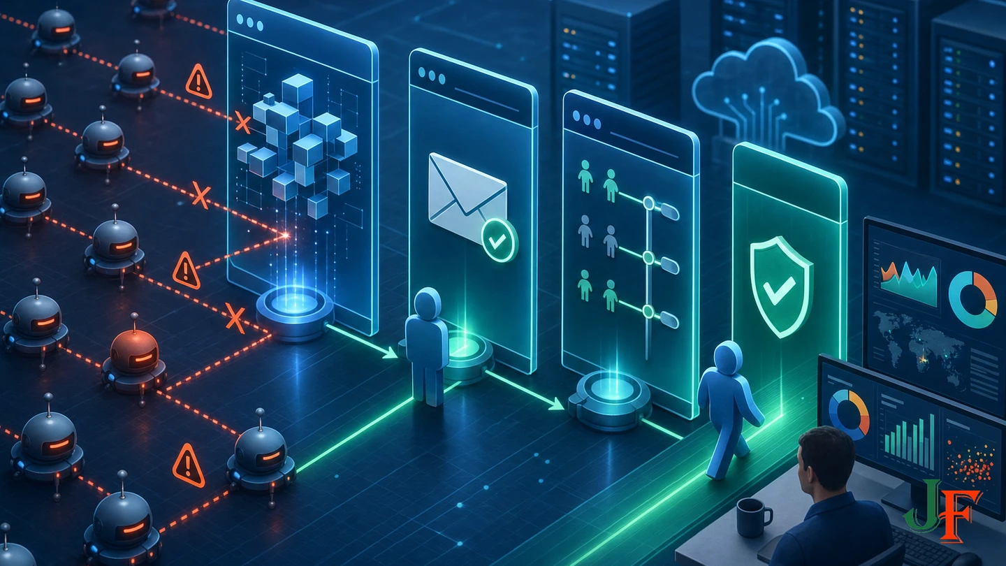Layered defenses filtering automated registration attempts through challenge, verification, controls, and monitoring