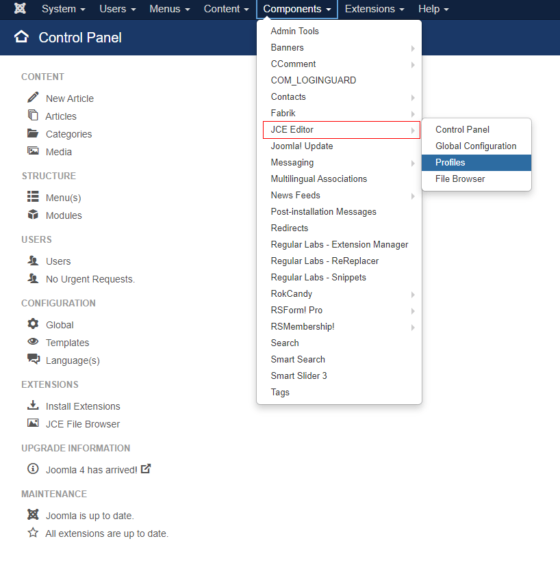 JCE Profiles in Joomla 3.x