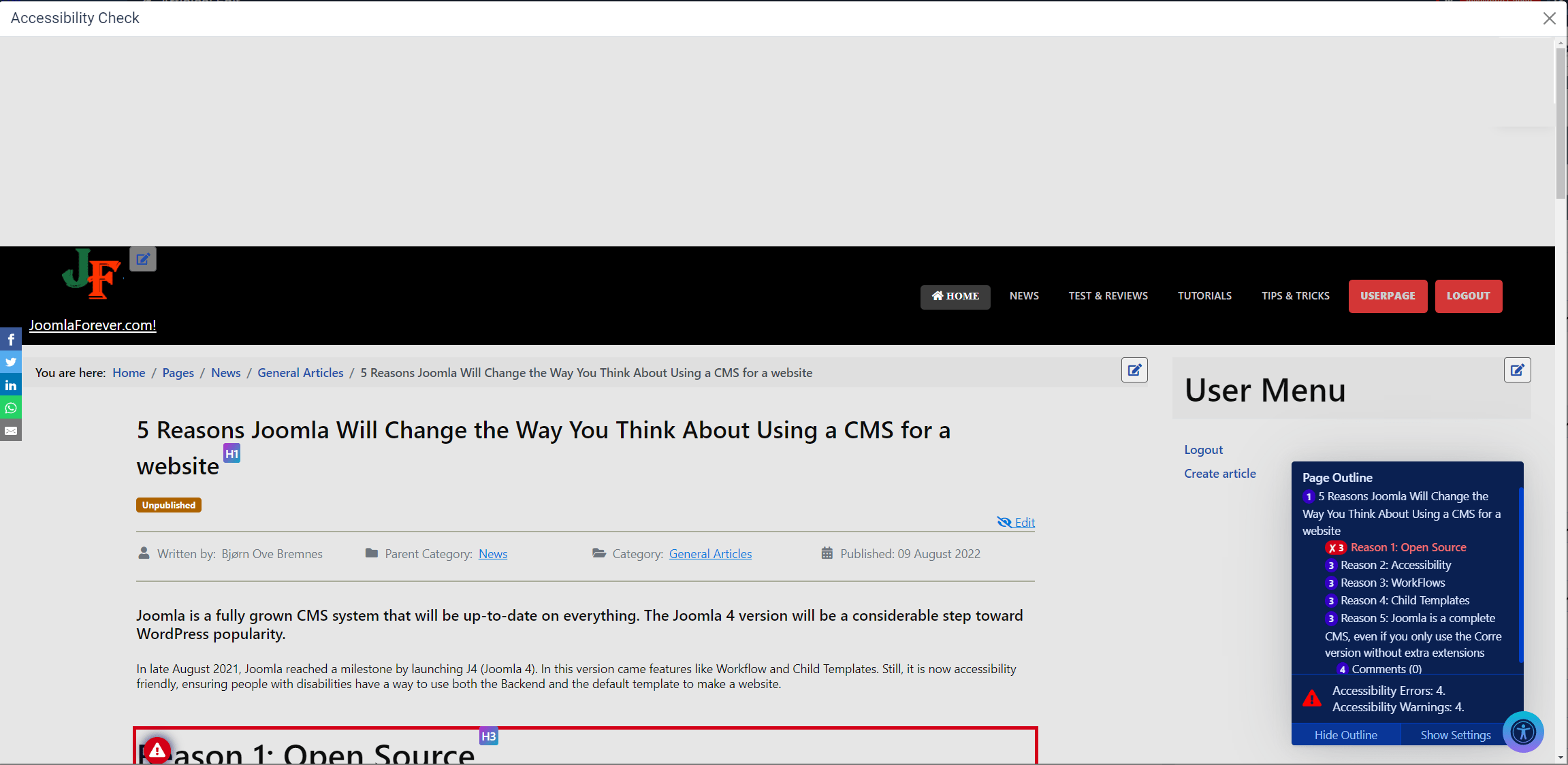 Joomla article Accessibility checker